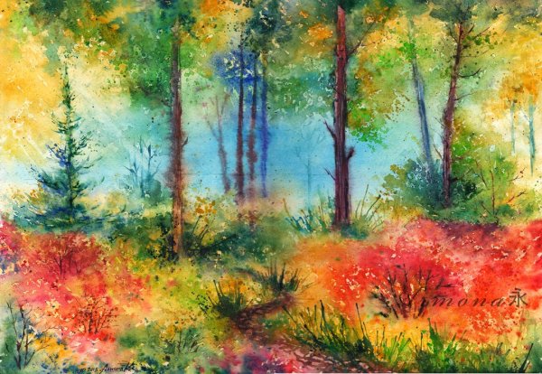 Сосновый лес акварель