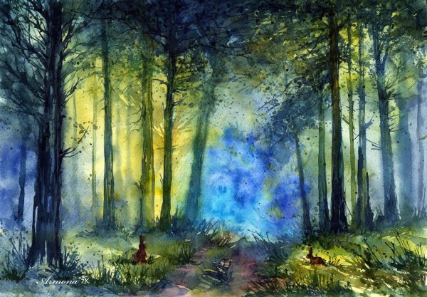 Лесной пейзаж акварелью