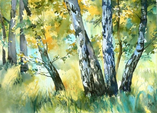 Весенний лес акварель