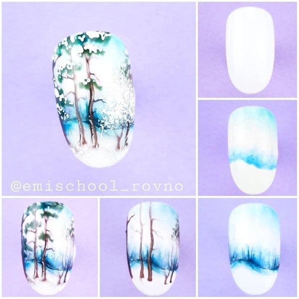 Зимний пейзаж на ногтях пошагово