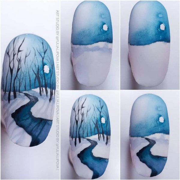 Пейзаж на ногтях пошагово