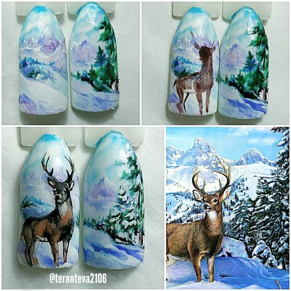 Маникюр с пейзажем елочными