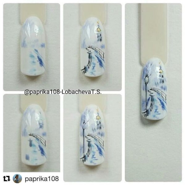 Зимний пейзаж на ногтях пошагово