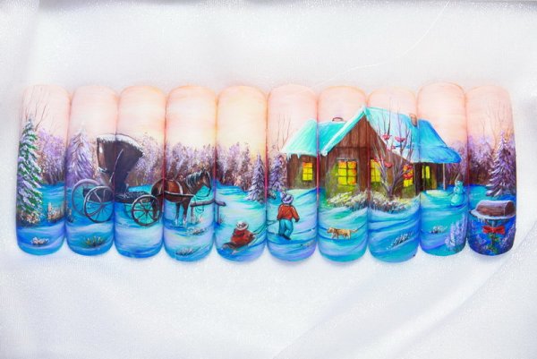 Зимний пейзаж на ногтях пошагово