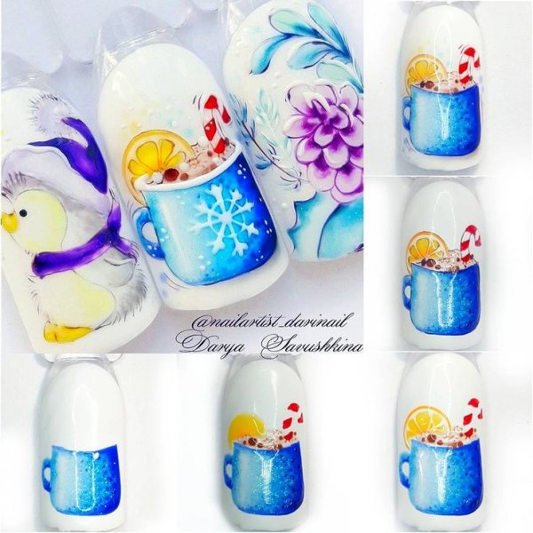 Акварель на ногтях новый год
