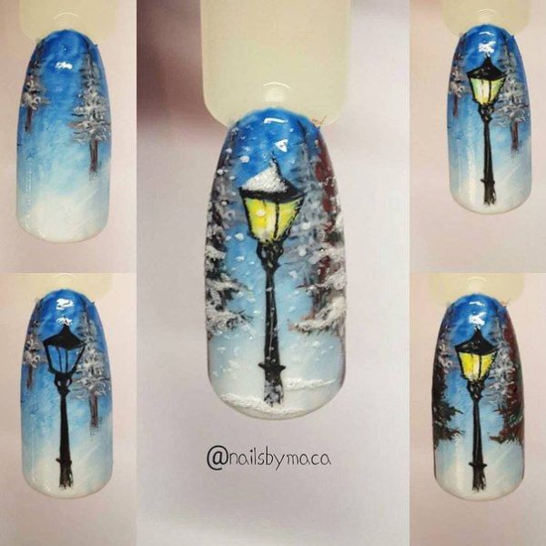 Зимний пейзаж на ногтях пошагово