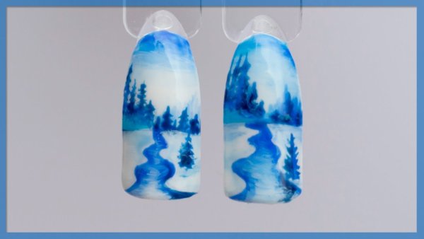 Зимний пейзаж на ногтях пошагово