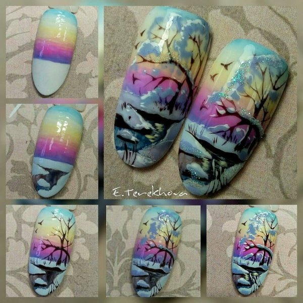 Пейзаж на ногтях пошагово