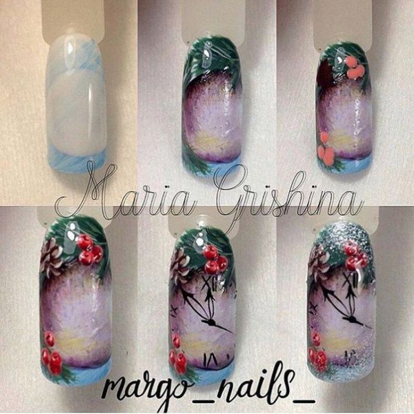 Новогодняя акварель на ногтях пошагово
