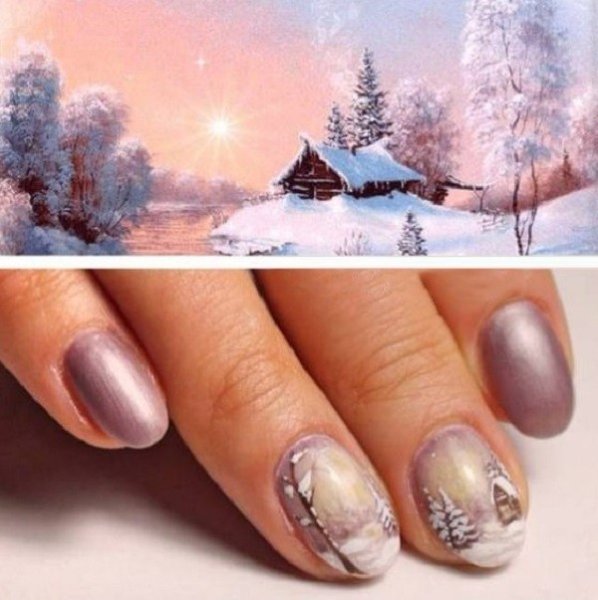 Новогодний пейзаж на ногтях