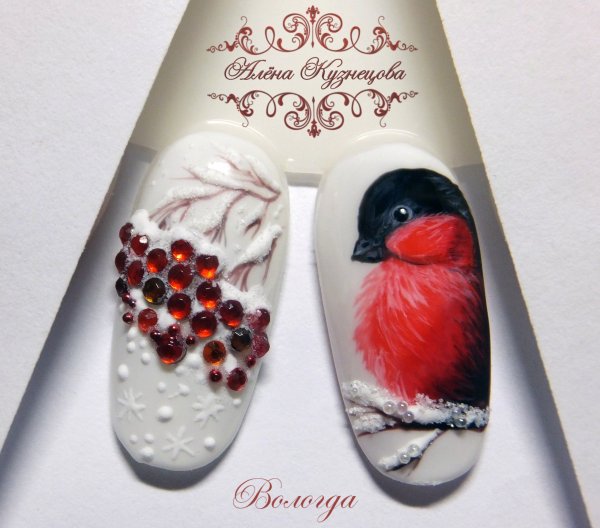 Снегирь на ногтях