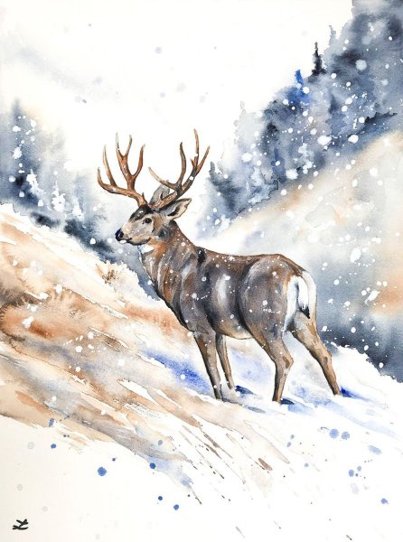 Северный олень акварель
