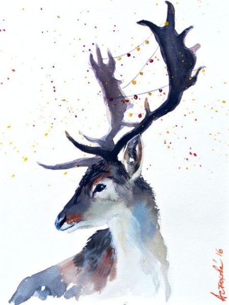 Олень акварелью