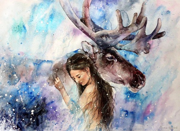 Олень акварелью