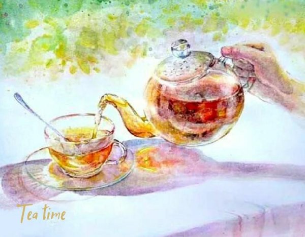 Натюрморт чайник и чашка акварель