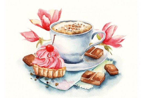 Кофе и пирожное акварель