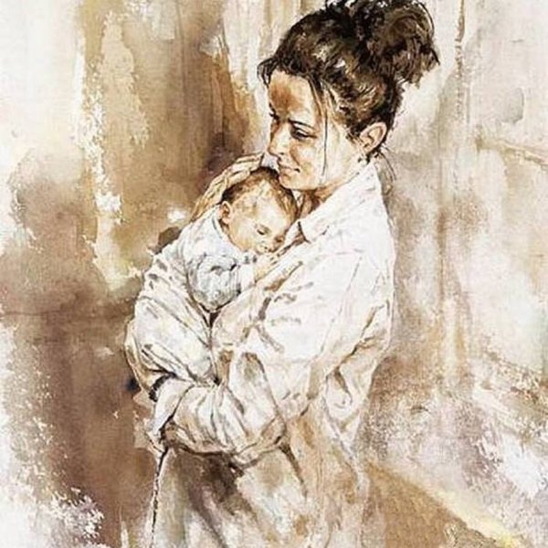 Мама с ребенком акварель