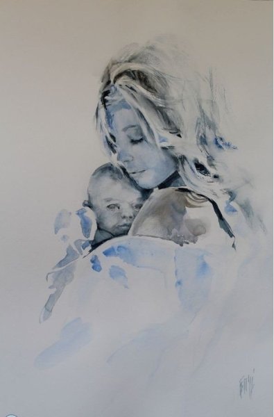 Мама с ребенком акварель