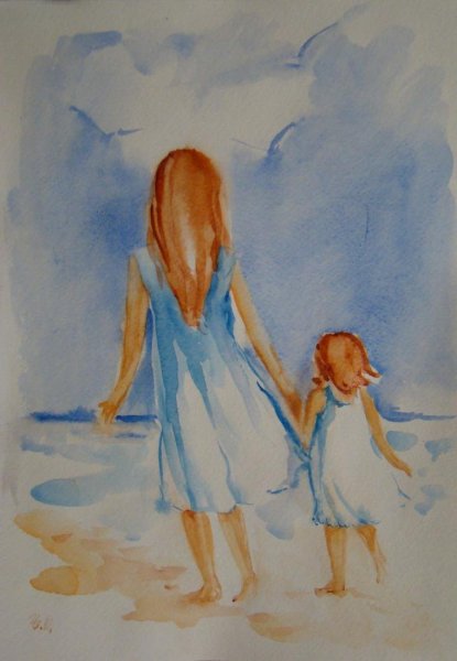 Мама с ребенком акварель