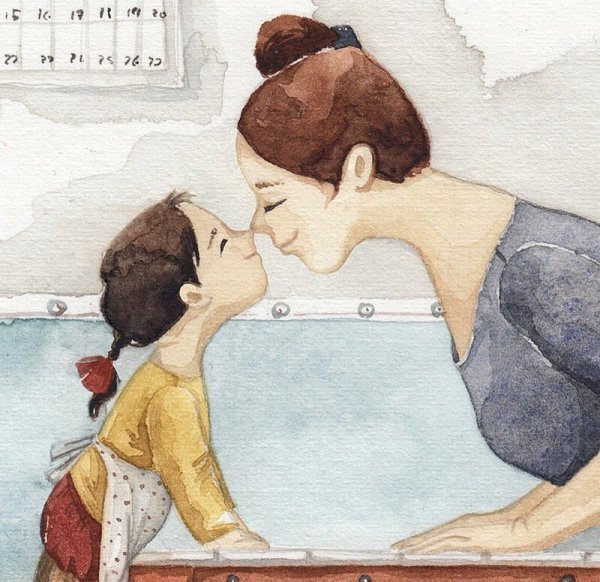 Силуэт мама и ребенок акварелью