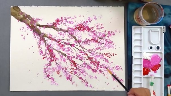 Сакура ветка красками для начинающих