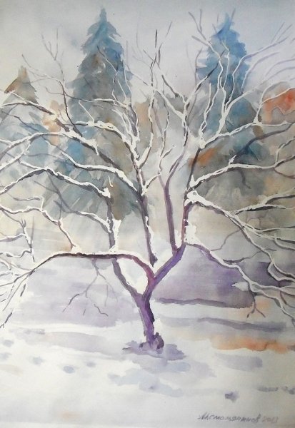 Деревья зимой акварелью