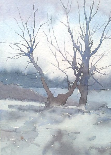 Зимнее дерево акварелью