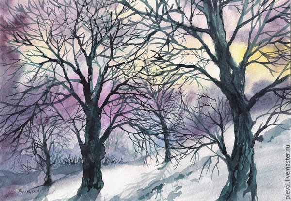 Весенние деревья акварелью