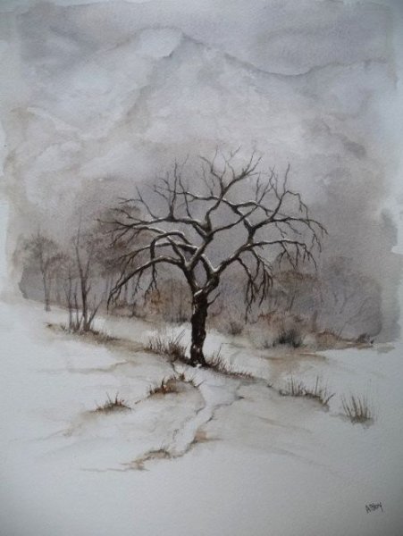 Ветки деревьев зимой акварель