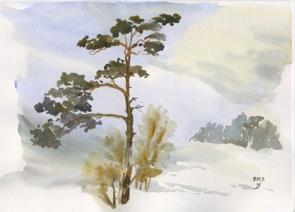 Зимнее дерево акварелью