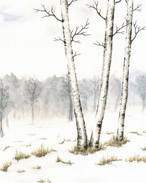 Ночной зимний пейзаж акварелью