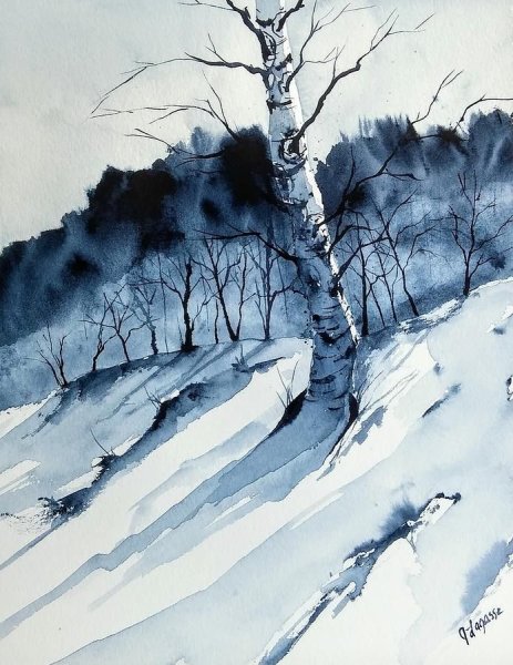 Зимнее дерево акварелью