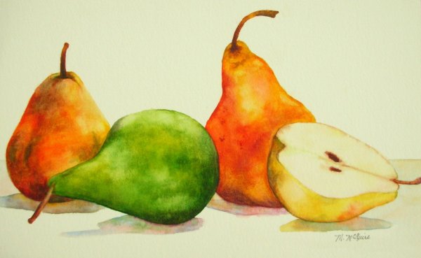 Композиция груши и яблоки акварелью для начинающих