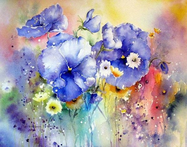Анютины глазки акварелью