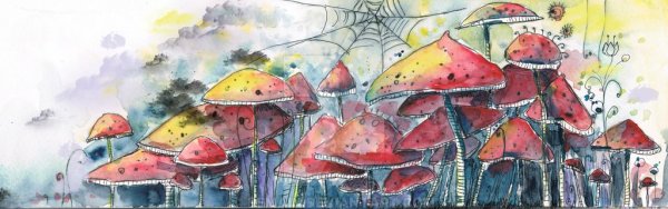 Милые мухоморы акварель