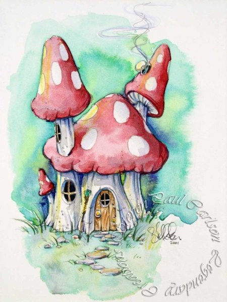 Акварельные домики грибы