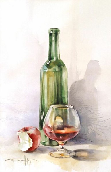 Стеклянная бутылка акварелью