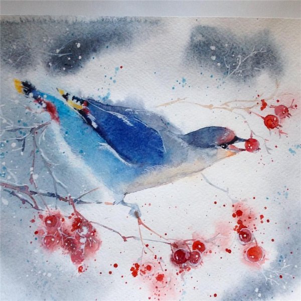 Зимние птицы акварелью