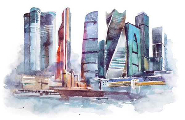 Москва Сити акварель