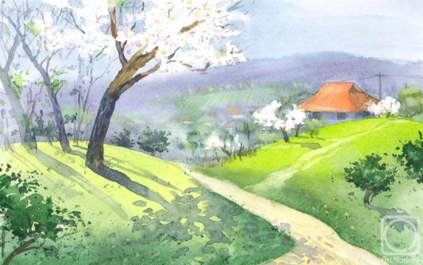 Весенний пейзаж акварелью