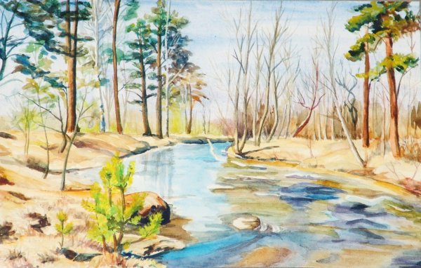 Весенний пейзаж акварелью для детей