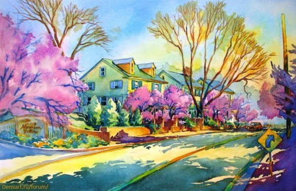 Весенний пейзаж цветными карандашами