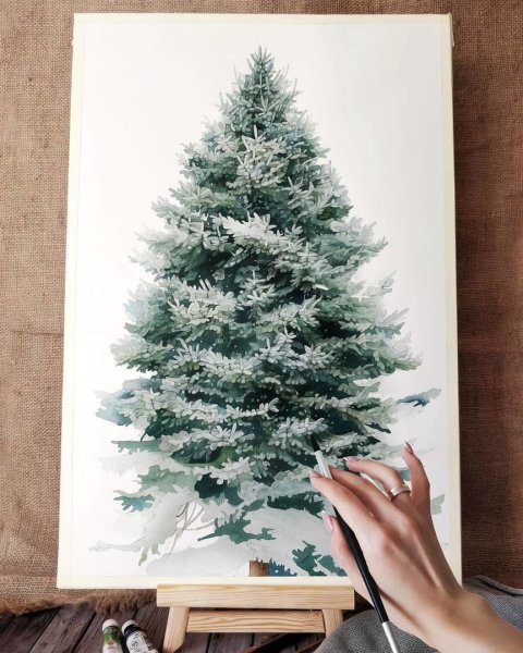 Пейзаж с елью гуашью