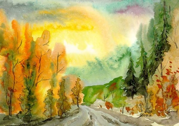 Осенний пейзаж акварелью