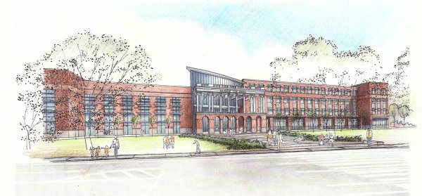 Здание школы акварель