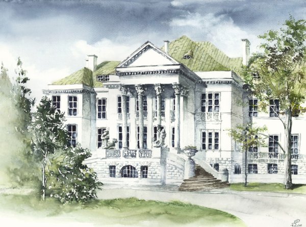 Здание школы акварель