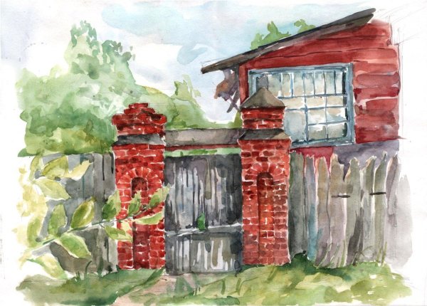 Пейзаж с домом акварелью