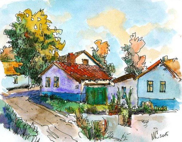 Сельский дом набросок акварелью