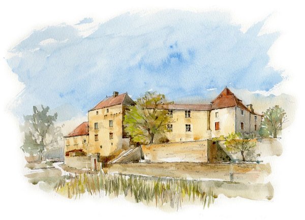 Пейзаж с архитектурой акварель