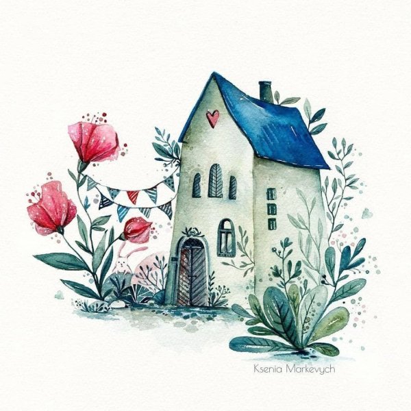 Сказочный домик акварелью